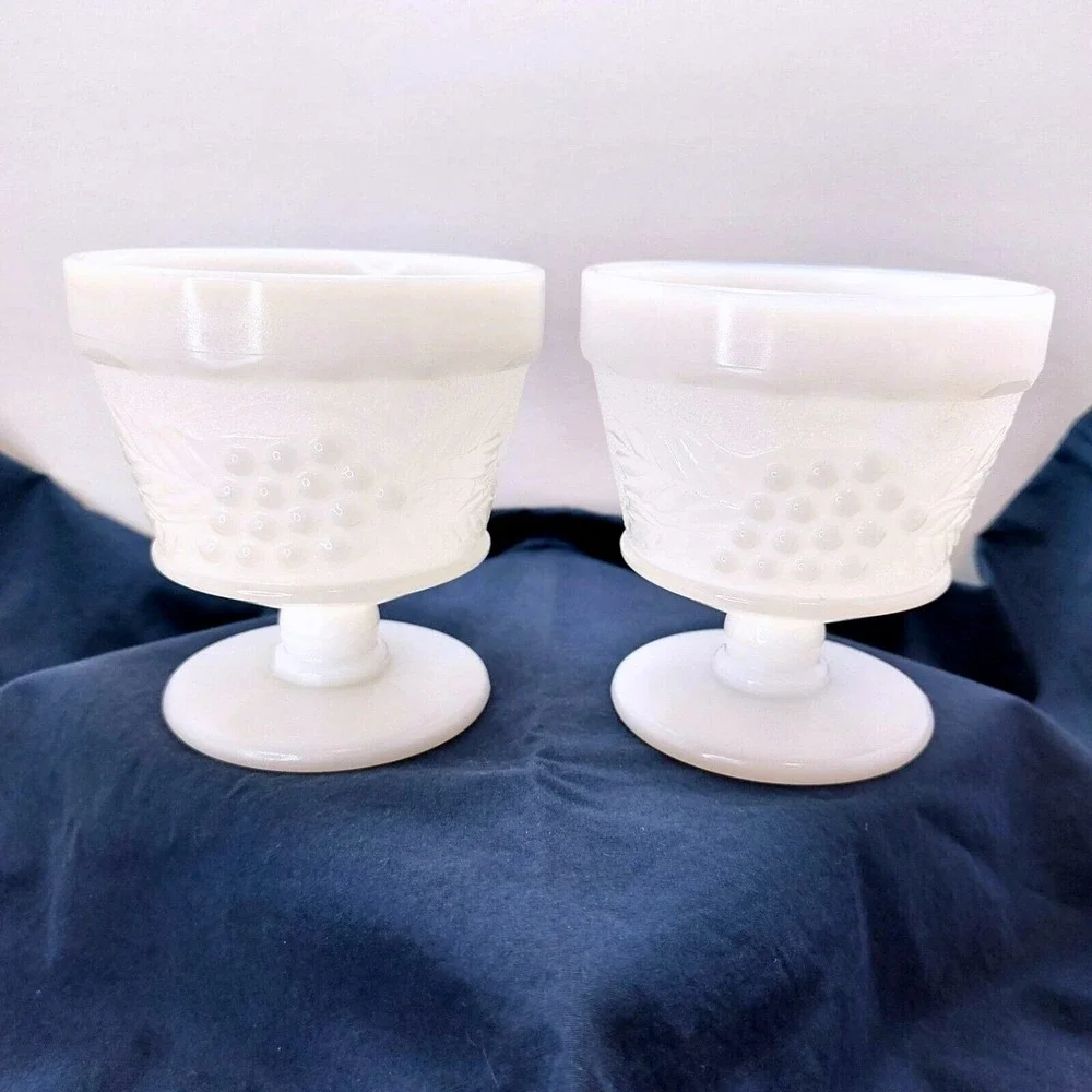 (2) ANCHOR HOCKING Footed Milk Glass Grape & Leaf Sherbet Ice Cream Dessert Cups